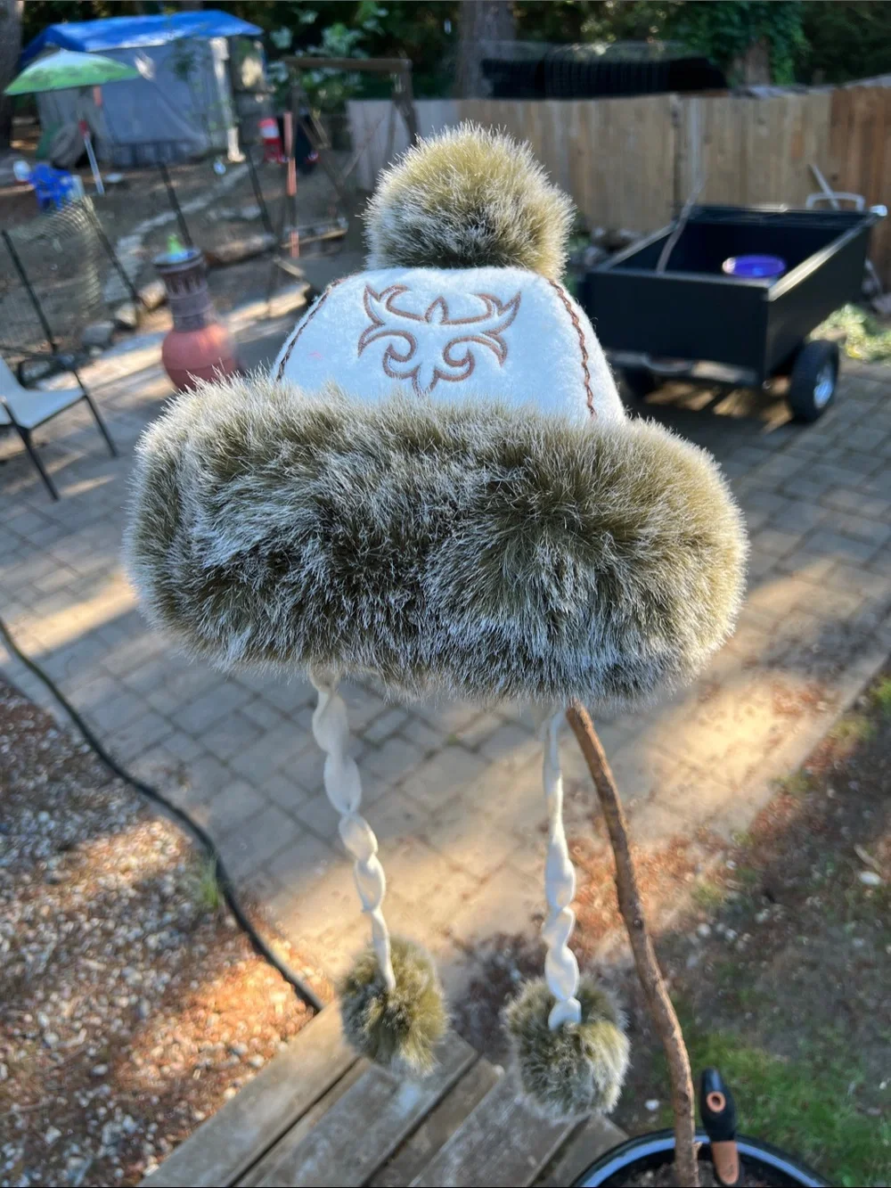 Cream and Olive Faux Fur tradishinol Mongolian Winter Hat